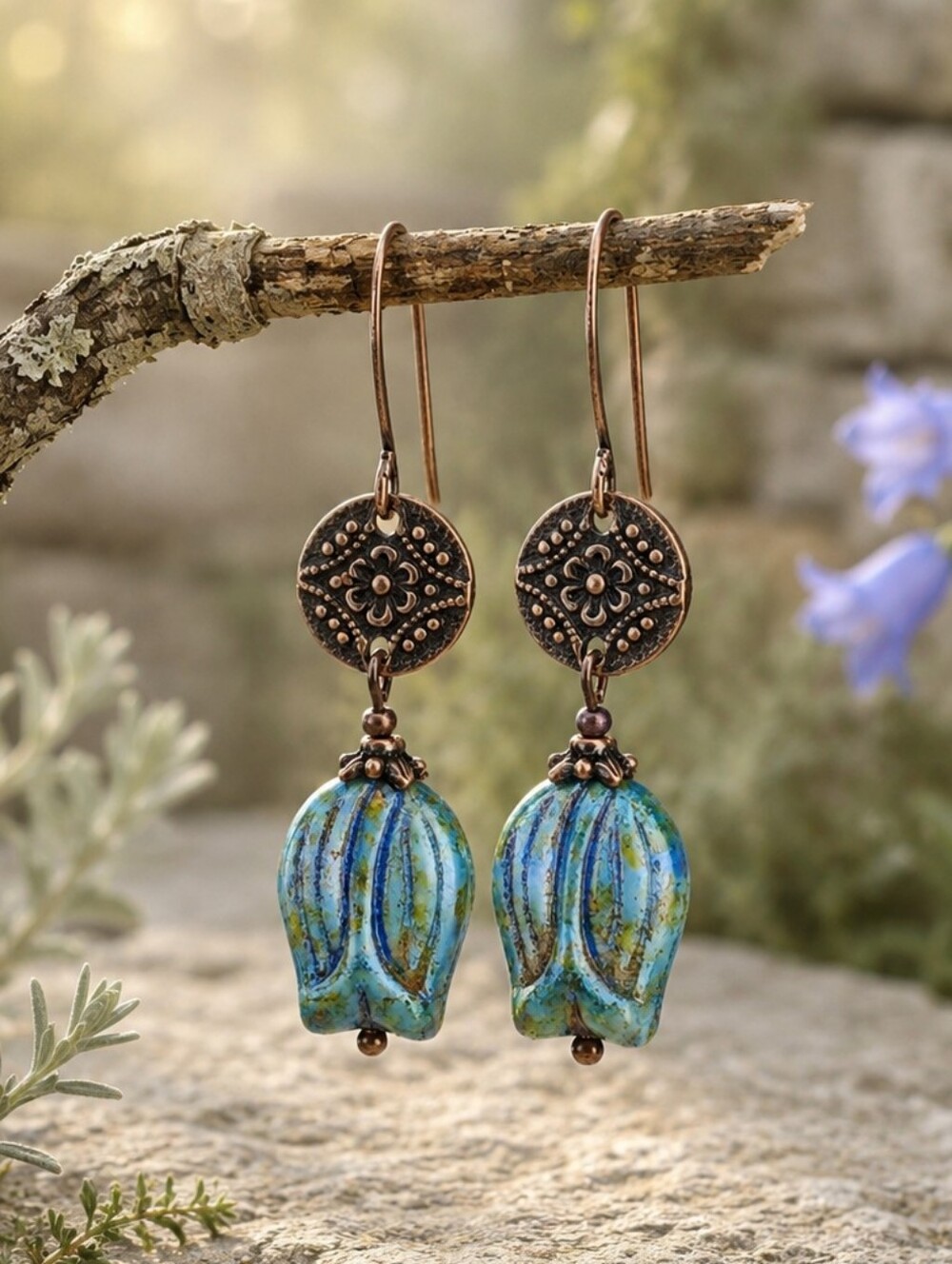 Czech Glass Flower Earrings Copper Tulip Botanical Dangles Hand Crafted